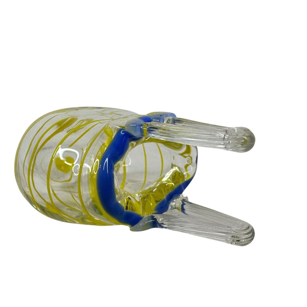 Vintage Handblown Art Glass MINI Basket Purse Blue & Yellow Swirls 2 Inch Decor - Picture 7 of 11